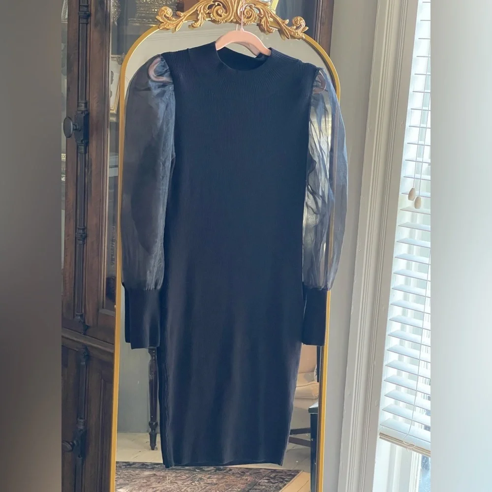 FRENCH CONNECTION Krista Organza Contrast Sheer Long Sleeve Black Sweater Dress